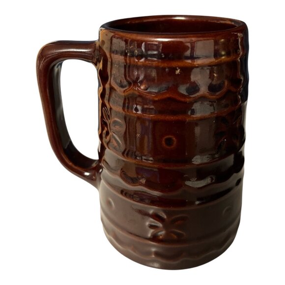 Vintage USA Pottery Brown Drip Barrel Mugs – Set of 2 – 1950s–1970s - Picture 4 of 6